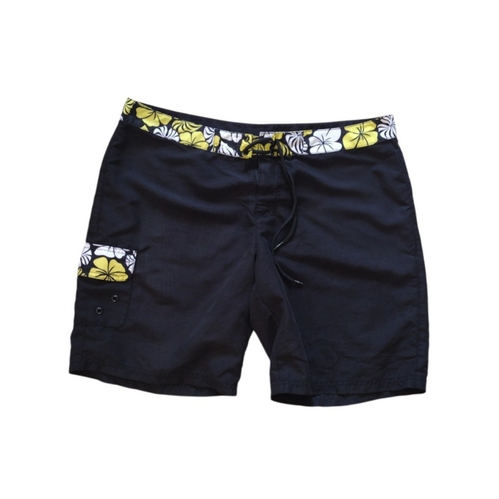 Lilu Swim Shorts Woman 13 Black Yellow Floral Tropical Surf‎ Pockets 8.5 Inseam